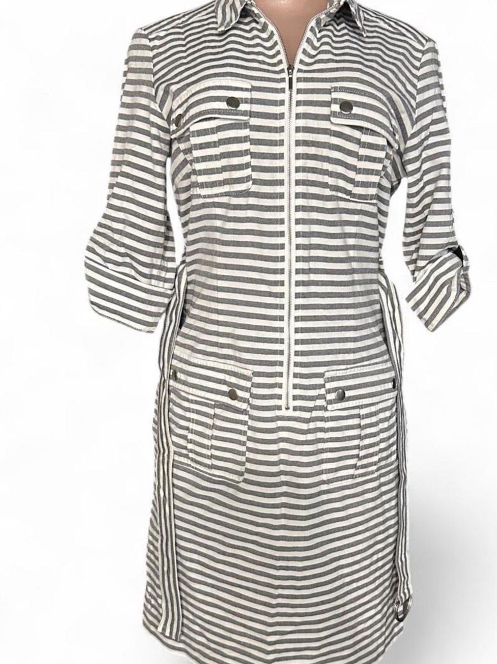 Sharagano Gray and White Striped Midi Shirt Dress